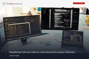 Multiple screens displaying code and data denoting internal developer platforms — Findmycourse.ai