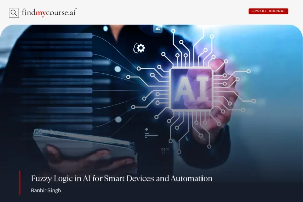 Man using a tablet and touching an AI chip interface symbolizing Fuzzy Logic in AI — Findmycourse.ai