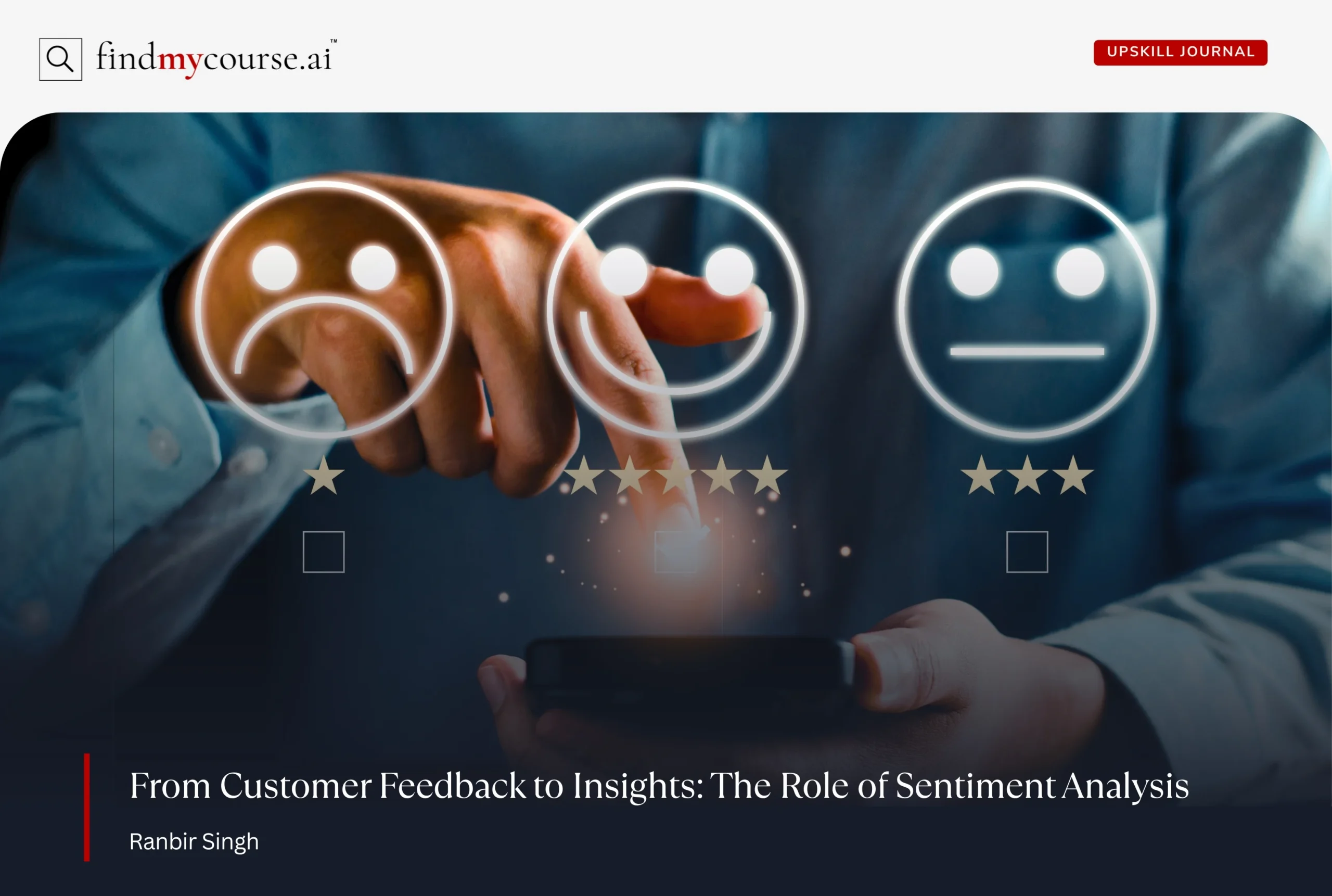 Customer satisfaction survey with smiley faces and stars highlighting sentiment analysis — Findmycourse.ai