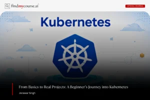 Kubernetes logo on a clean, modern background for a beginners guide — Findmycourse.ai