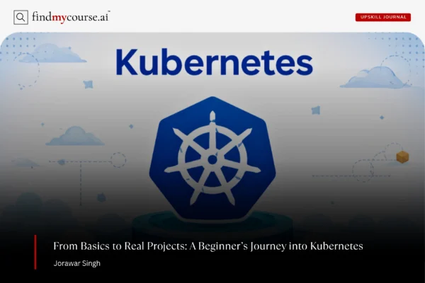 Kubernetes logo on a clean, modern background for a beginners guide — Findmycourse.ai