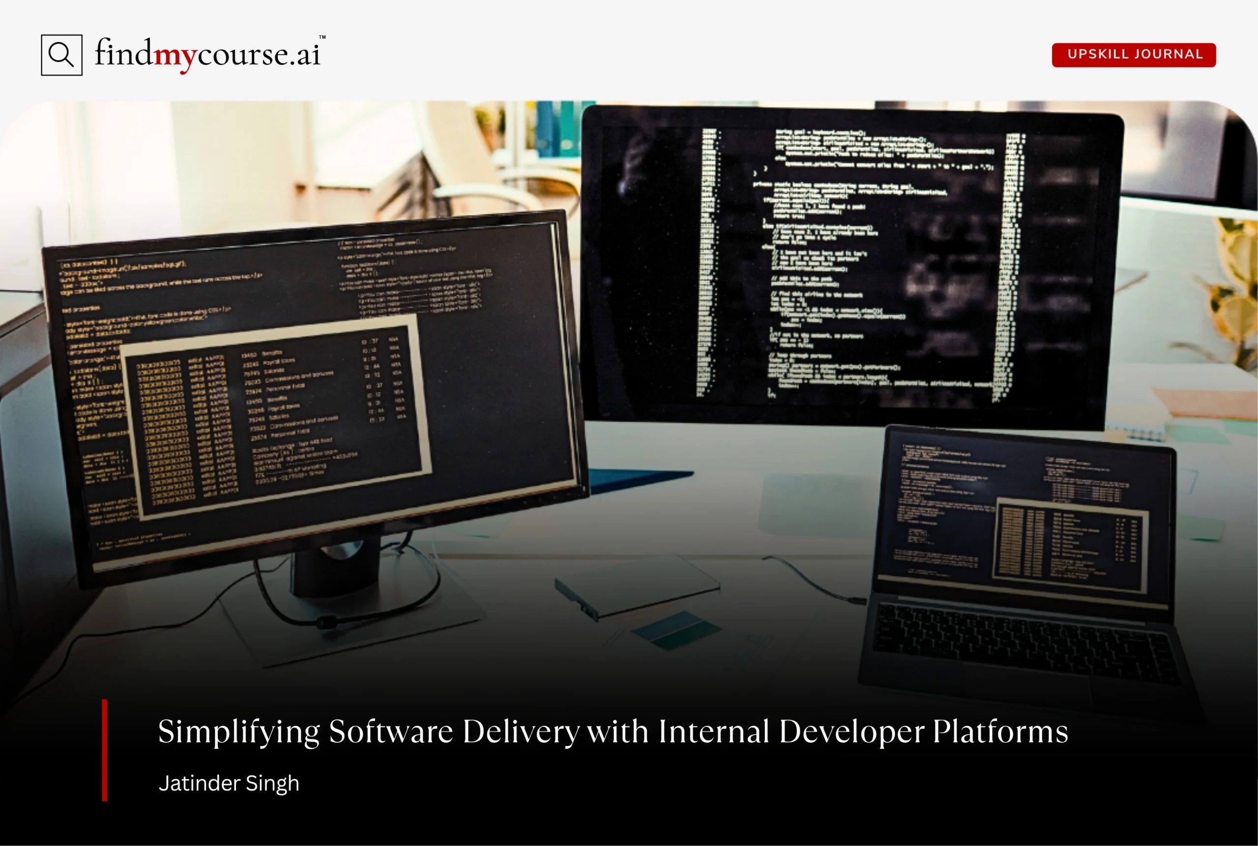 Multiple screens displaying code and data denoting internal developer platforms — Findmycourse.ai