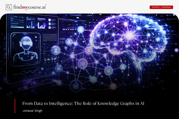 AI system visualizing a knowledge graph with glowing nodes and links — Findmycourse.ai