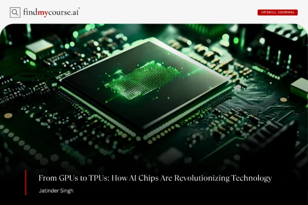 Ultra-detailed close-up of a chip on a sleek motherboard representing AI chips — Findmycourse.ai