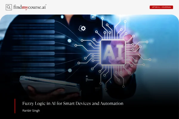 Man using a tablet and touching an AI chip interface symbolizing Fuzzy Logic in AI — Findmycourse.ai