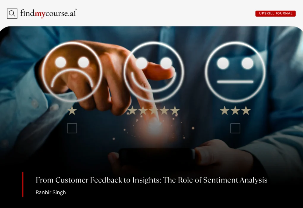 Customer satisfaction survey with smiley faces and stars highlighting sentiment analysis — Findmycourse.ai