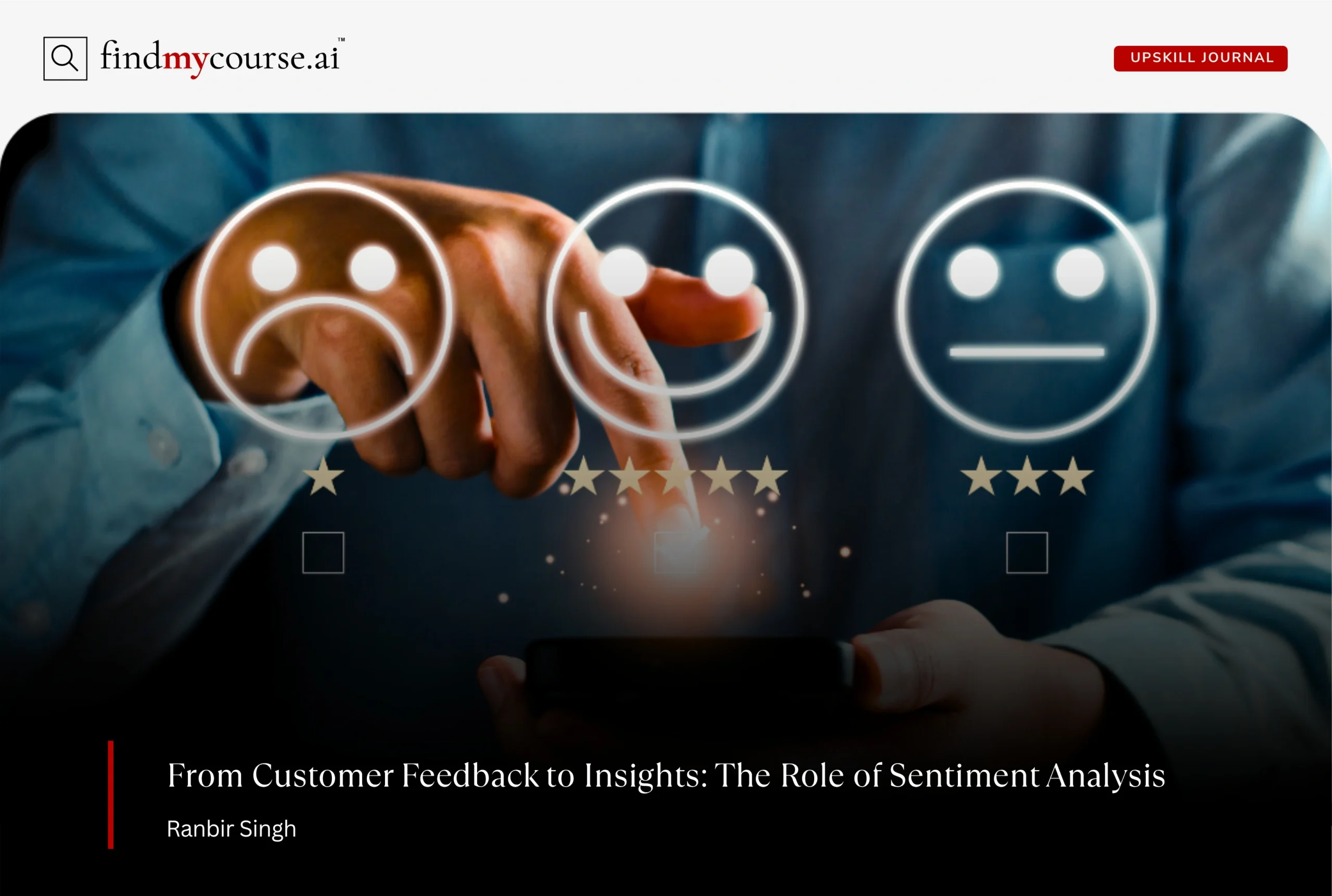 Customer satisfaction survey with smiley faces and stars highlighting sentiment analysis — Findmycourse.ai