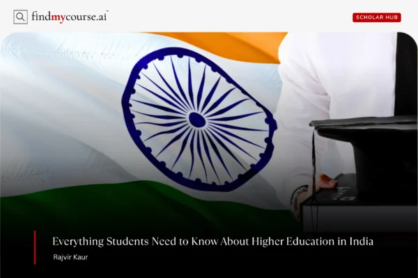 Student holding books over Indian flag background denoting higher education in India — Findmycourse.ai