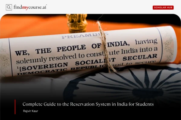 Indian constitution with paper placed on flag denoting reservation system in India — Findmycourse.ai