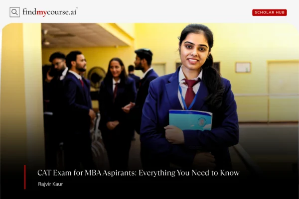 Management student holding notebook and wearing suit denoting CAT exam for MBA — Findmycourse.ai