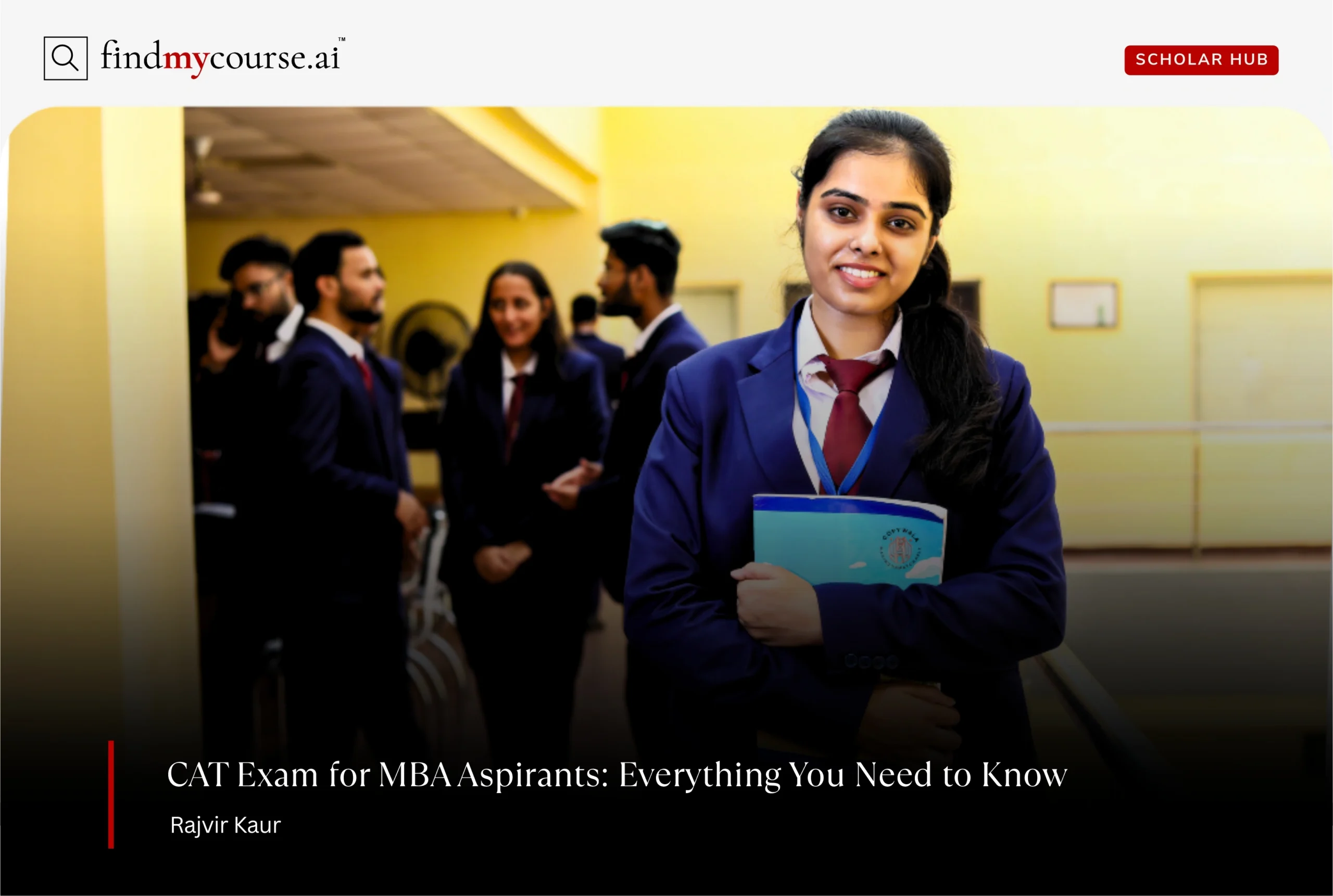 Management student holding notebook and wearing suit denoting CAT exam for MBA — Findmycourse.ai