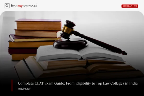 Gavel placed over law books representing CLAT exam for law students in India — Findmycourse.ai