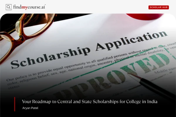 Application form on desk representing scholarship for college students in India — Findmycourse.ai