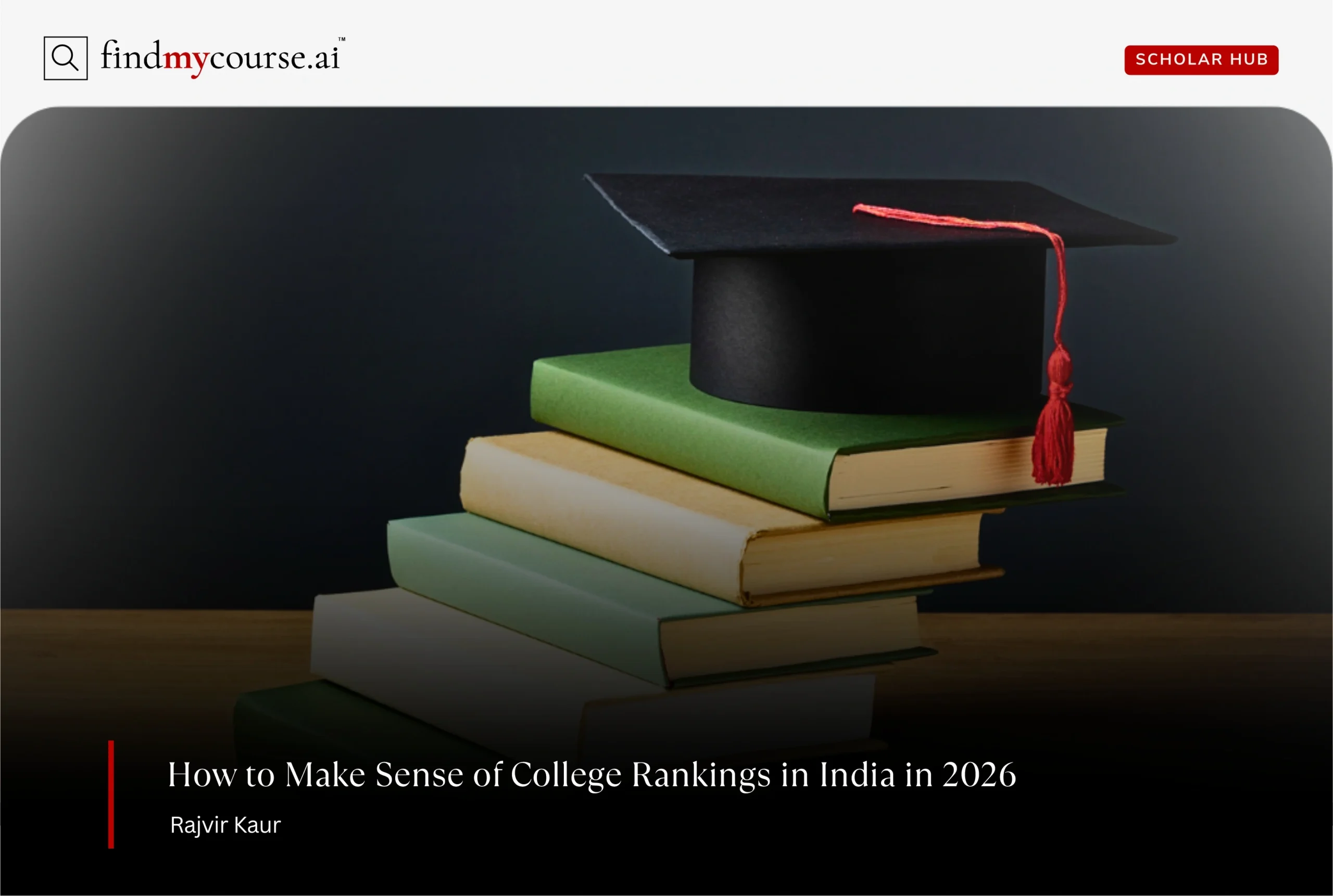 High angle of books and a graduation cap denoting college rankings in India — Findmycourse.ai