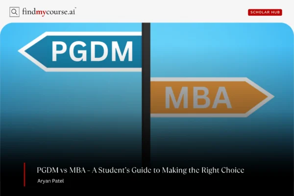 Opposite road signs on the pole denoting PGDM vs MBA choice for graduates — Findmycourse.ai