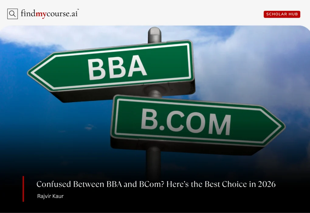 Two opposite road signs saying BBA and BCOM denoting BBA vs BCom comparison — Findmycourse.ai
